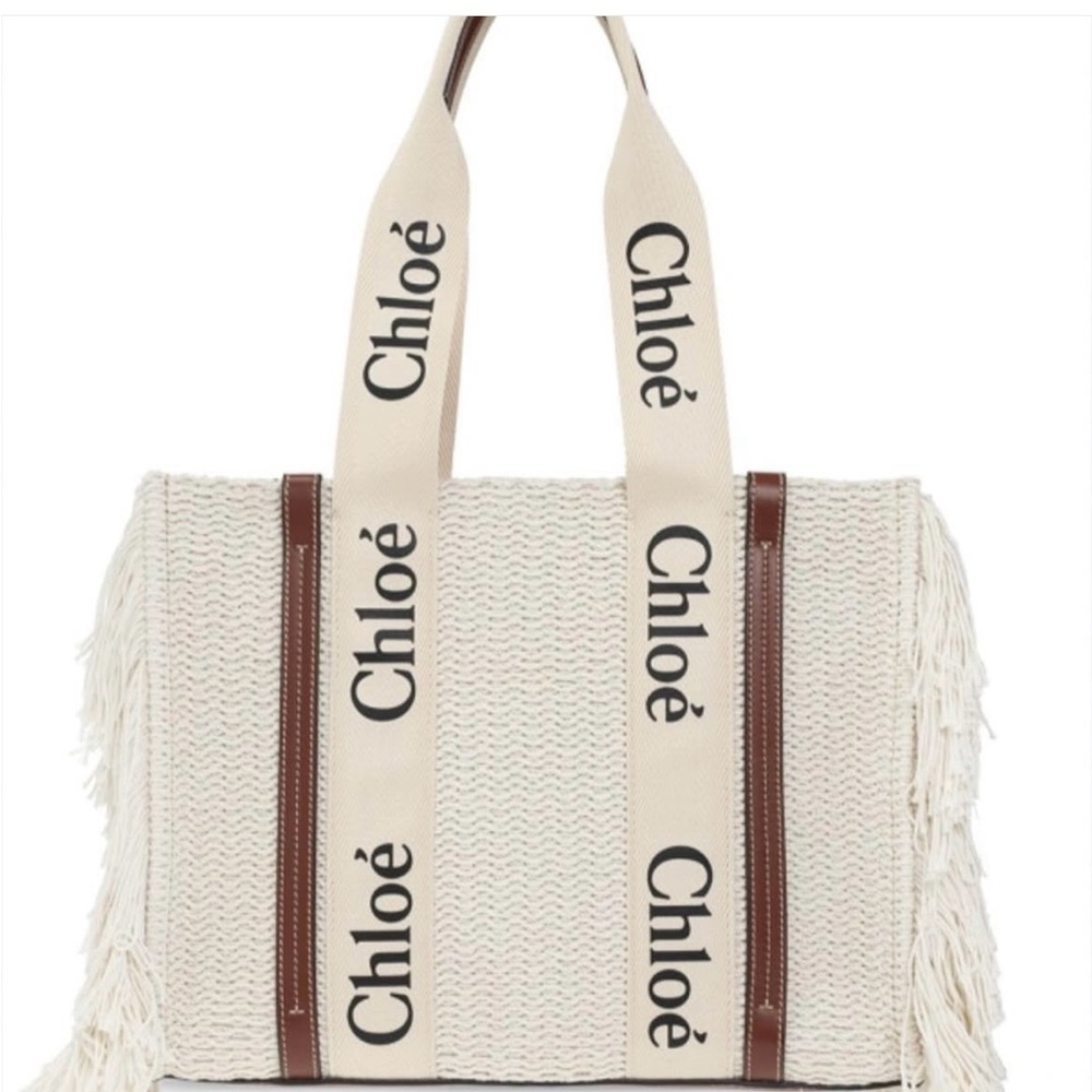 Chole Woody Medium Woven Fringe tote, Cream and Brown Women's Bag
